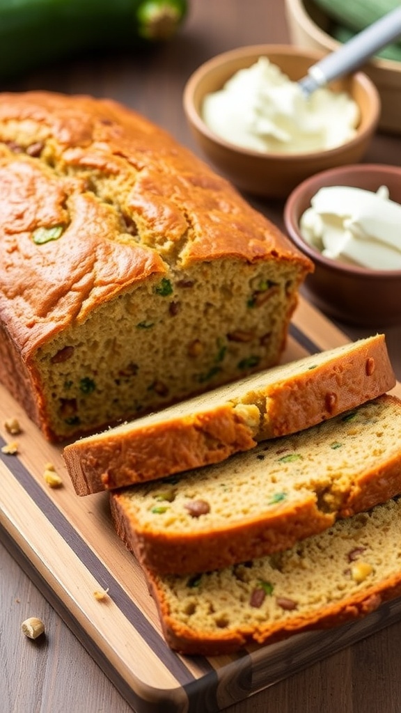 Sliced low-carb zucchini bread on a wooden cutting board with cream cheese spread.